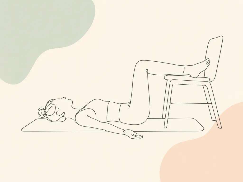 Leżenie z nogami na krześle — ilustracja ćwiczenia, leżenie na plecach, łydki oparte na krześle