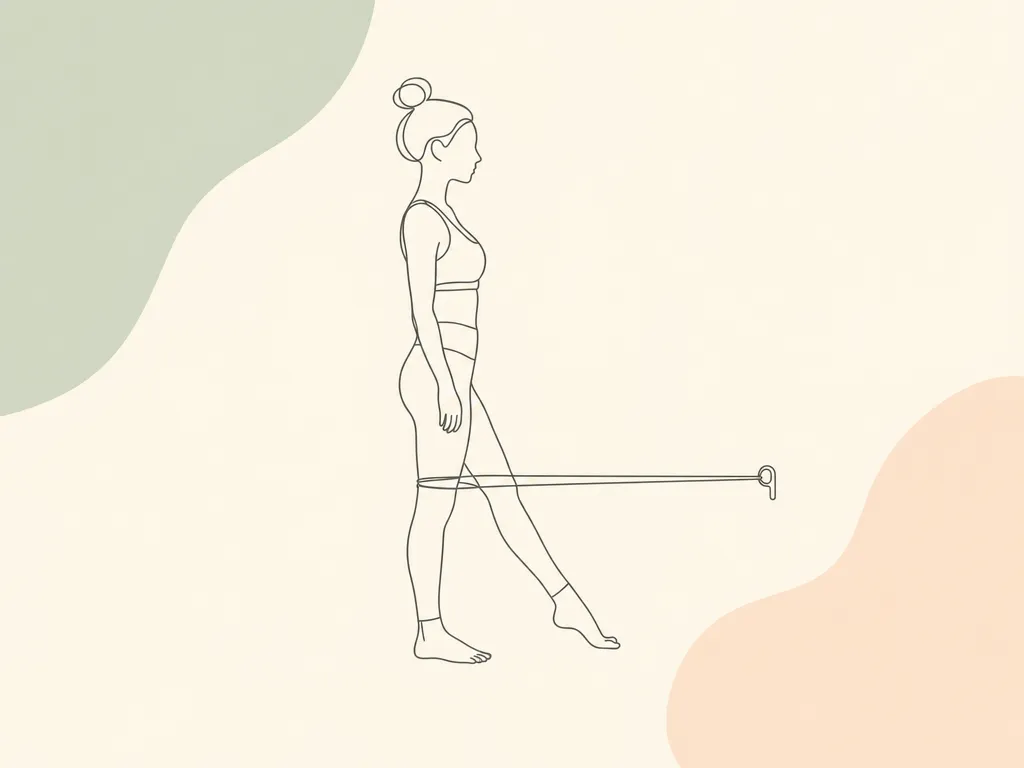 Wyprost kolana z gumą — ilustracja ćwiczenia, stanie, guma zaczepiona za kolanem